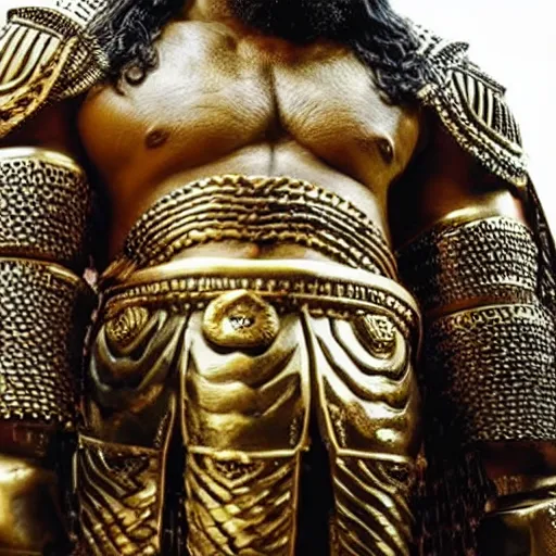 Prompt: ancient mesopotamian warrior, thick braided beard with golden rings, intricate bronze armour, very muscly, dark skin, strongman, big smile