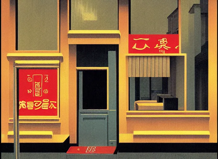 Image similar to exterior of an open cyberpunk ramen place during a rainy night by rene magritte