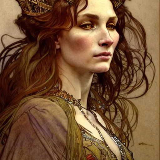 Image similar to highly detailed portrait of a majestic lioness queen as a beautiful woman. d & d, art by anton pieck and augustus edwin mulready and alphonse mucha and magali villeneuve. trending on artstation, intricate details, energetic composition, golden ratio, concept art, illustration, elegant art