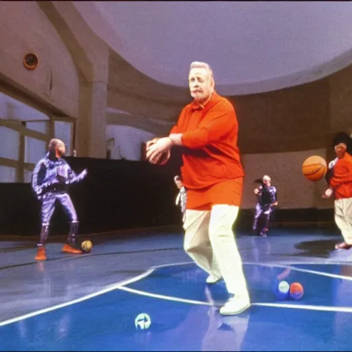 Prompt: rodney dangerfield playing basketball against astronauts on mars