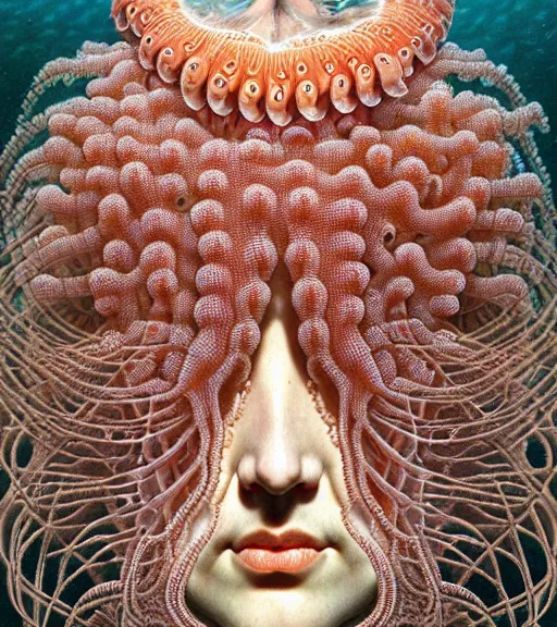 Image similar to hyperrealistic detailed underwater face portrait of the beautiful god of the jellyfish with an intricate headgear of corals, sea kelp, sea plants, fish, starfish, jellyfish, art by ernst haeckel, victor ngai, john william godward, gothic, neo - gothic, ornamental, beautiful deep colours,