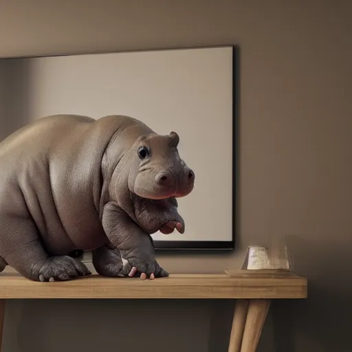 Image similar to a baby hippo lives in a cozy house. it likes to watch tv in the family room. digital art. 3 d render, photorealistic, hyper realistic, ue 5, octane.