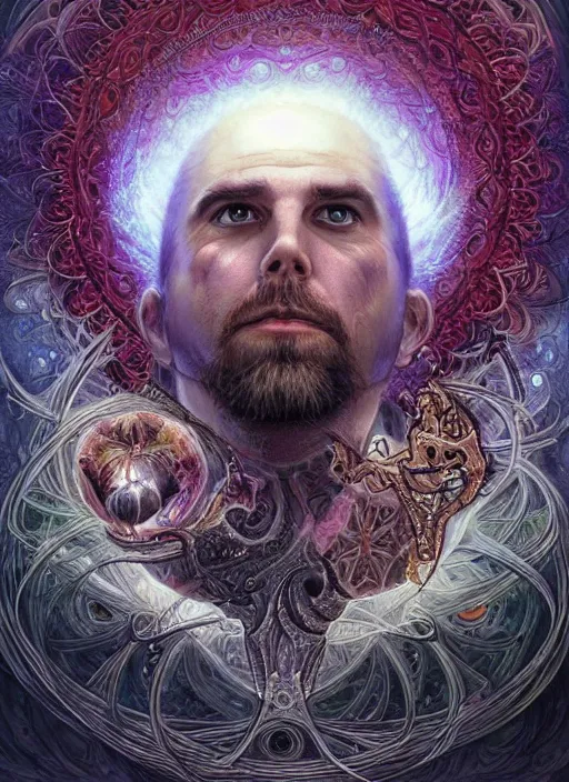 Image similar to duncan trussell, shamanic poster lsd art, intricate, elegant, highly detailed, centered, digital painting, artstation, concept art, smooth, sharp focus, illustration, artgerm, tomasz alen kopera, peter mohrbacher, donato giancola, joseph christian leyendecker, wlop, frank frazetta