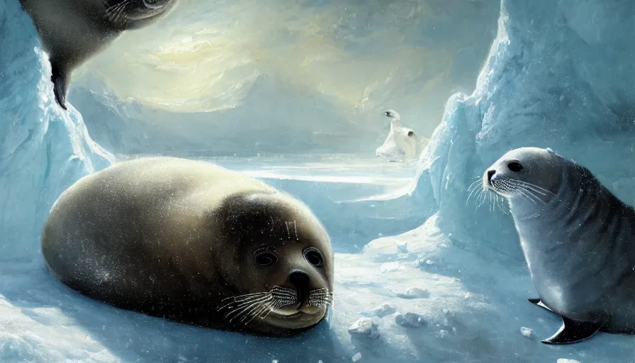 Image similar to highly detailed closeup painting of one big seal looking after lots of cute furry white baby seals inside a snowy fantasy ice crystal cavern by william turner, by greg rutkowski, by william constable, thick brush strokes and visible paint layers, 4 k resolution