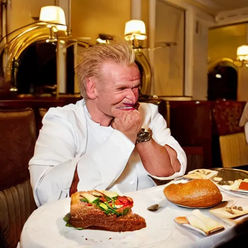Prompt: Freddie Starr eating a loafer at a table in Claridges fine dining restaurant. Gordon Ramsey watches with a look of childish glee