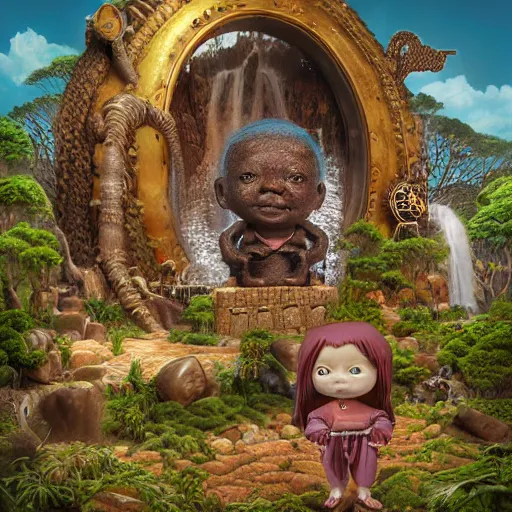 Image similar to wide angle dynamic portrait of a chibbi dogon priest in an african zen garden with a waterfall! and a golden ornate steampunk portal, amigurumi by mark ryden and todd schorr and mark davis and zdislaw beksinski in a surreal lowbrow style, digital paint, matte paint, vivid synthwave colors, breathtaking landscape