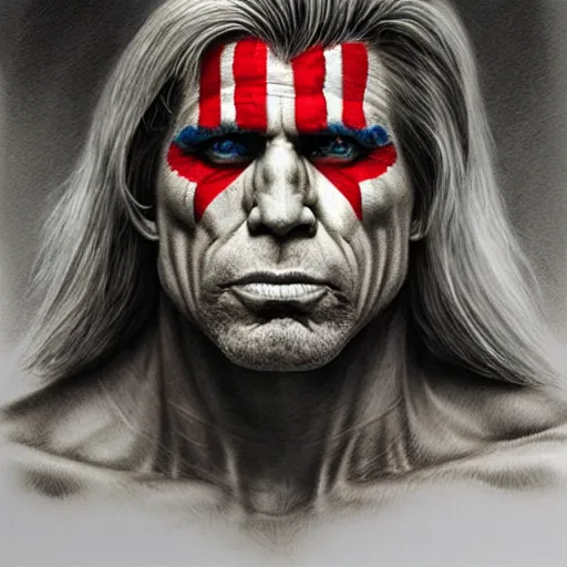 Image similar to amazing lifelike award winning pencil illustration of ultimate warrior trending on art station artgerm Greg rutkowski cinematic