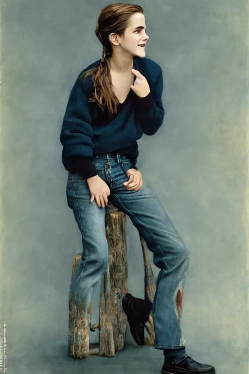 Image similar to emma watson smiling oversized sweatshirt jeans gaston bussiere craig mullins j. c. leyendecker richard avedon peter lindbergh