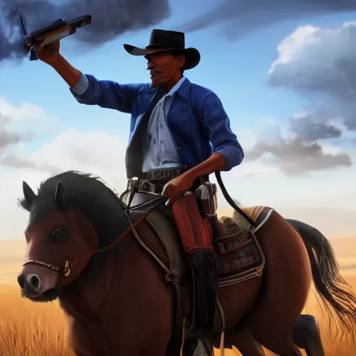 Image similar to Obama from Red Dead Redemption 2 riding a horse next to a train, ray tracing, 8k by artgerm and greg rutkowski