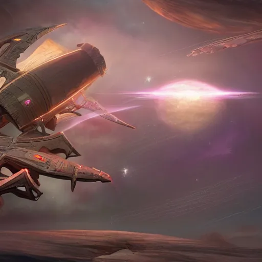 Image similar to a fantasy space ship dramatically evades enemies attacks, fantasy space, storybook illustration, octane render, detailed painting, by katherine federer, anthony pafford, harry gamboa and tracy flickinger