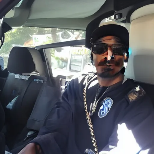 Image similar to Snoop Dogg is sitting in a police car wearing a cap C-13