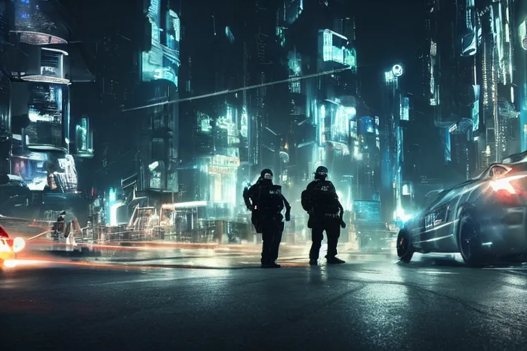 Image similar to cinematography ai robot rights standoff with police, sci-fi future city street at night. Emmanuel Lubezki