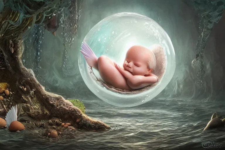 Image similar to a baby mermaid hatching out of a egg, matte painting, concept art, digital art, trending on artstation, 4 k, extremely detailed, realistic, fantasy art,