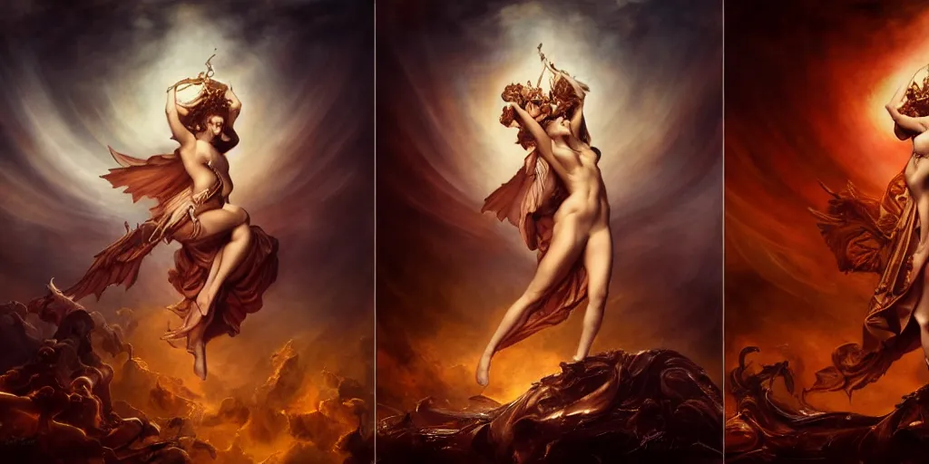 Prompt: The war between heaven and hell, by Rolf Armstrong and Evelyn De Morgan and Bastien Lecouffe-Deharme, dramatic lighting, high contrast colors, baroque, empyrean, panoramic view, as trending on Artstation, highly detailed, quake engine,