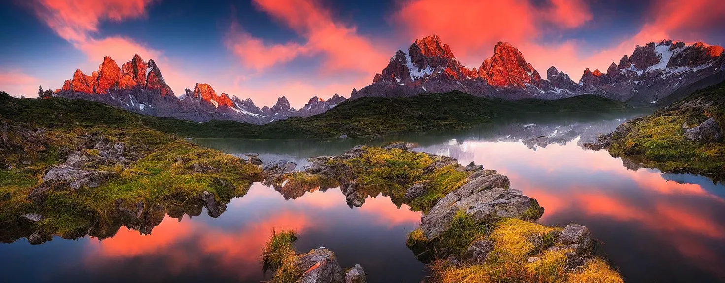 Image similar to amazing landscape photo of mountains with lake in sunset by marc adamus, beautiful dramatic lighting