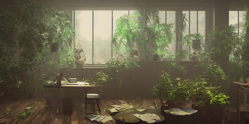 Prompt: cat desk office mirrors plants gloomy strange weird mist curious fish luminous bloom windows insect atmosphere sense awe 4 k 8 k render 3 d unreal engine 5 octane by nikolina petolas