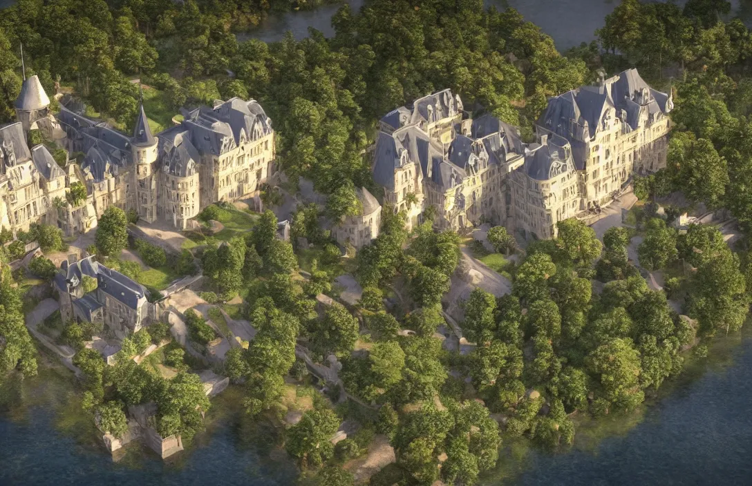 Image similar to a hyper realistic professional photographic view picture of a french chateau filter unreal engine 5 realistic hyper detailed 8k ultradetail cinematic concept art volumetric lighting, very beautiful scenery, very realistic painting effect, hd, hdr, cinematic 4k wallpaper, 8k, ultra detailed, high resolution, artstation trending on artstation in the style of Albert Dros glowing rich colors powerful imagery nasa footage drone footage drone photography