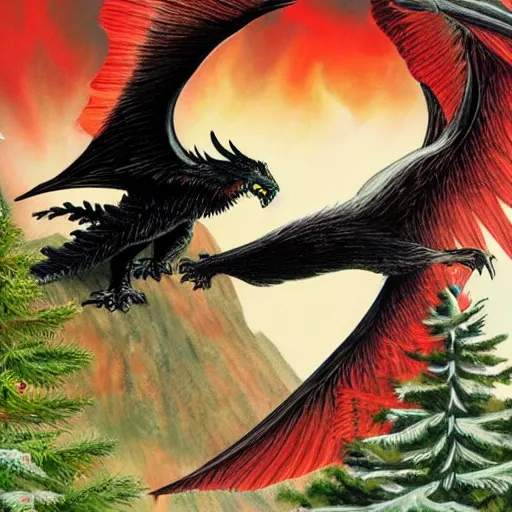 Image similar to a black eagle with red eyes and an ethereal white dragon fighting each other over a spruce tree forest