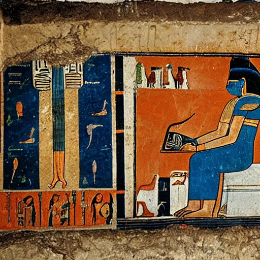 Image similar to a man using a computer, artwork by ancient egyptian mural, tomb, fresco, register, hieroglyphics.