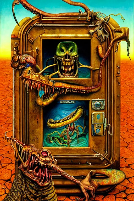 Image similar to a hyperrealistic painting of a lost treasure found being guarded by monstrosity, cinematic horror by jimmy alonzo, the art of skinner, chris cunningham, lisa frank, richard corben, highly detailed, vivid color,