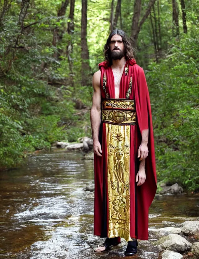 Prompt: full body shot longshot modern intricate textile ancient roman toga cloak long hair clean face chiseled chin walking along the small creek in the woods versace gucci black red gold
