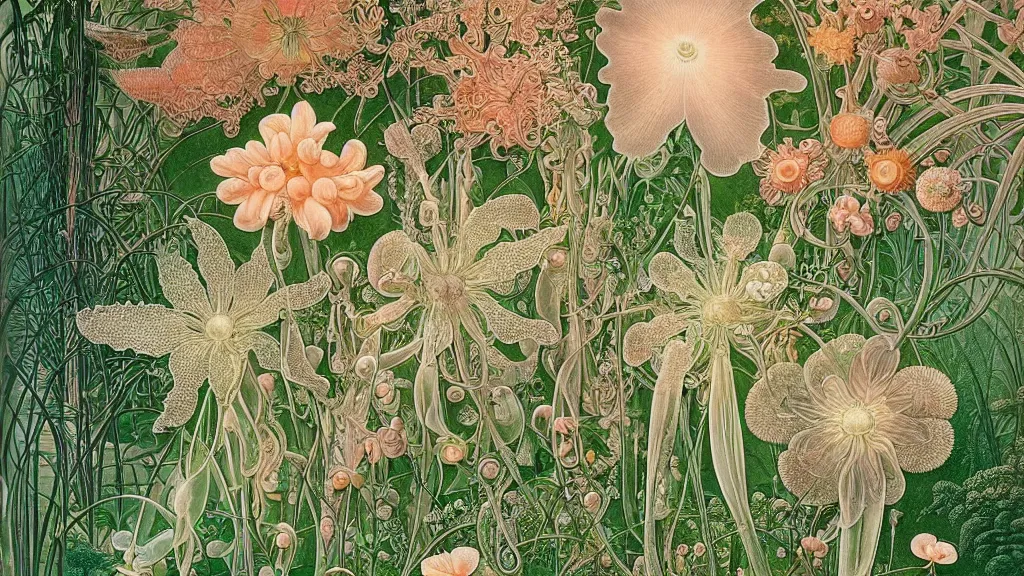 Prompt: garden full of translucent flowers, soft lighting, peach and emerald green color scheme, by ernst haeckel, futuristic aesthetic, intricate details, highly detailed