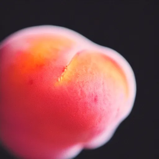 Image similar to a macro photo of a round peach's dry hairy skin, hyper realistic, hyper detailed, 35mm, very grainy film, pink volumetric studio lighting, bokeh, black background award winning shot, vogue magazine, cinematic, 8k, very closeup, elegant, tender, pastel