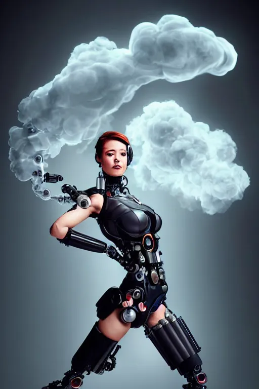 Prompt: a (cyborg) woman floats in the air surrounded by a mechanical hand-shaped cloud of smoke by Artgerm