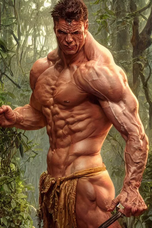 Image similar to portrait of olivier richters as a hulking herculean demon, forest, godlike, full body, fantasy, intricate, elegant, highly detailed, digital painting, artstation, concept art, sharp focus, illustration, art by artgerm and greg rutkowski and alphonse mucha