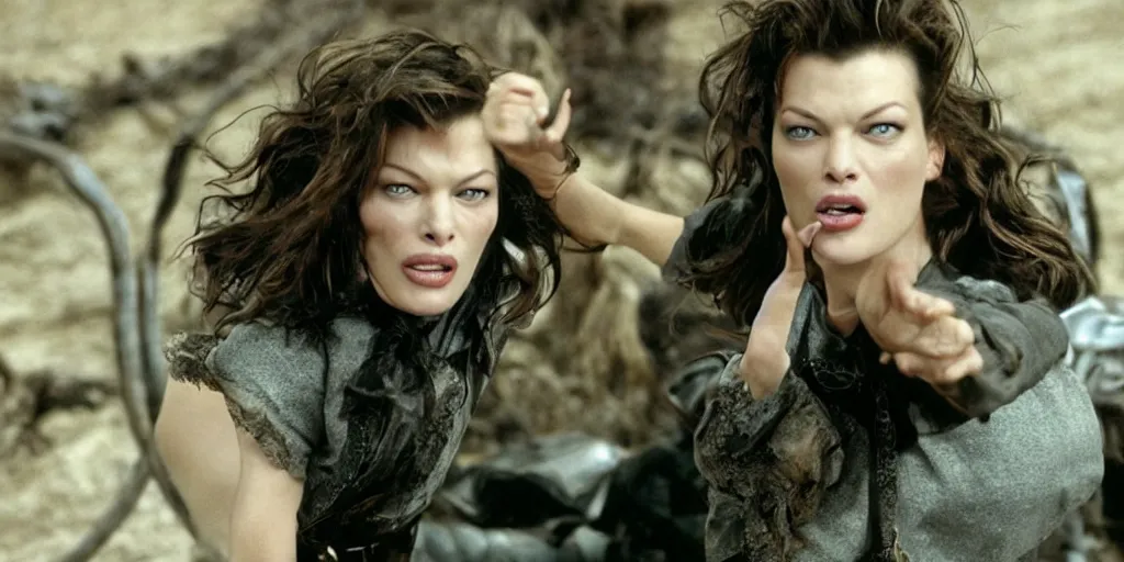 Image similar to beautiful Mila Jovovich yelling in an old west town