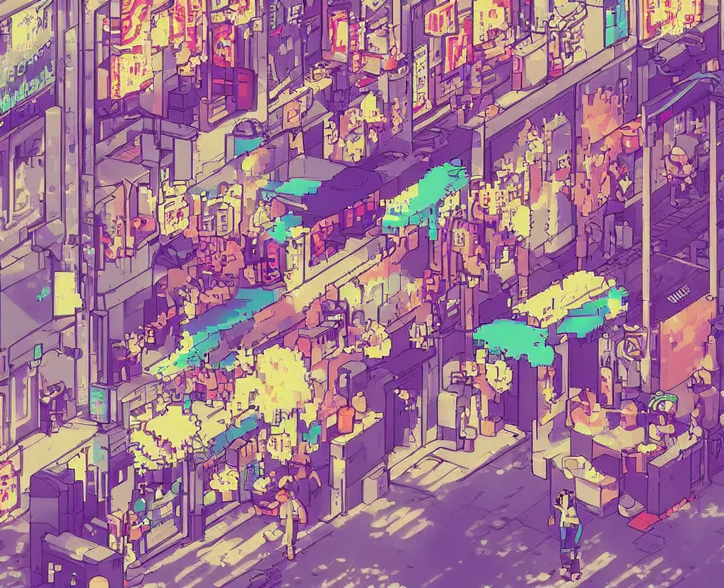 Prompt: 1 6 bit pixel art of a pill vendor on the street level of neo tokyo, cyberpunk, lo - fi aesthetic, sailor moon gradient, trending on art station, by kai vermehr