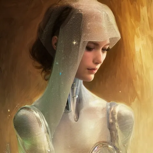 Image similar to portrait of a humanoid robot wearing a veil, mystic, mystical, robot body, intricate, headshot, highly detailed, digital painting, artstation, concept art, sharp focus, cinematic lighting, digital painting, art by artgerm and greg rutkowski, alphonse mucha, cgsociety