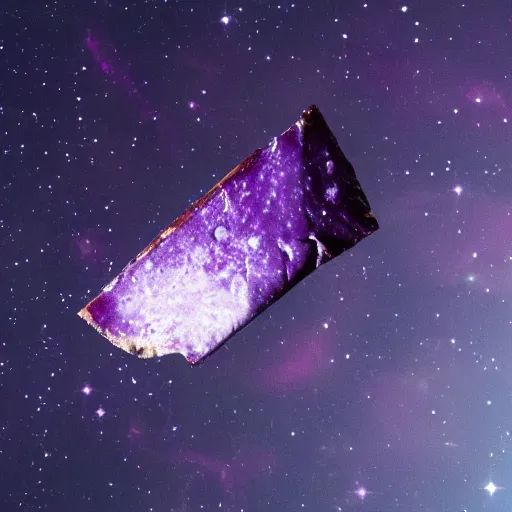 Image similar to A purple Cheese-It flying in space surrounded by colorful galaxies, 50mm, Nikon