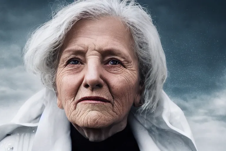 Image similar to a realistic cinematic headshot portrait of an old woman on top of skyscaper, wearing futuristic white suit, ceo, 4 k, ultra realistic, dramatic lighting, rain, clouds, fog, vogue, fashion, magazine spread, by annie leibovitz