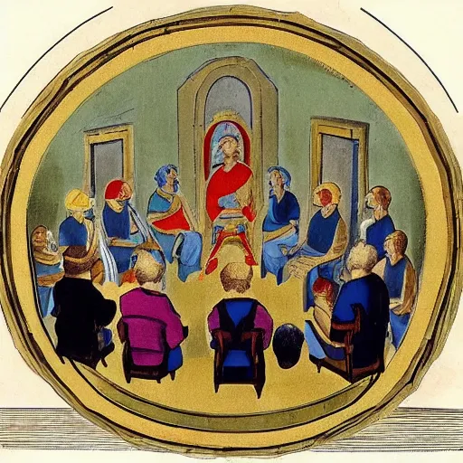 Prompt: 6 Gods seated in high chairs in a semi circle granting a wish to the man standing in front of them at the center of a circle