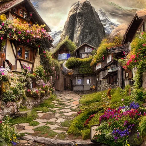 Image similar to my precious! - the hobbit - j. r. r. tolkien - a medieval village in switzerland, ornate, beautiful, atmosphere, vibe, flowers, concept art illustration, greg rutowski, volumetric lighting, sunbeams, particles