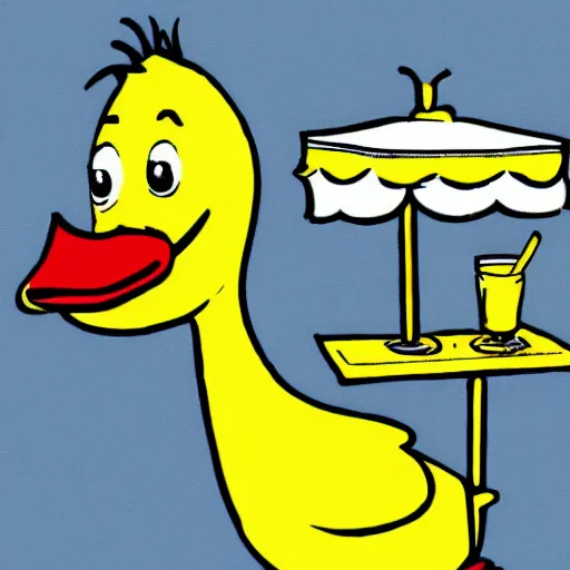 Prompt: a yellow human sized duck standing next to a lemonade stand, cartoon, high resolution