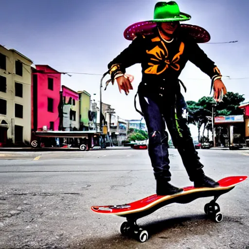 Prompt: A Mexican charro in a cyberpunk city riding a flying skateboard