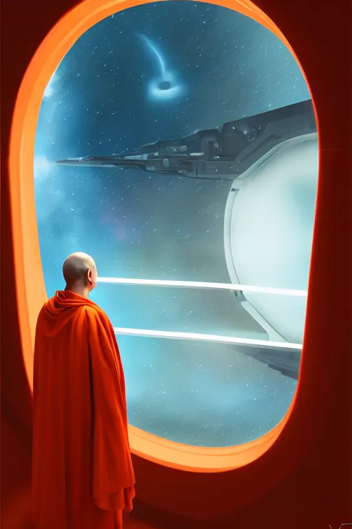 Image similar to portrait of a monk in a spaceship, looking out of a round window at nebula, orange robe, dramatic lighting, artstation, matte painting, ralph mcquarrie