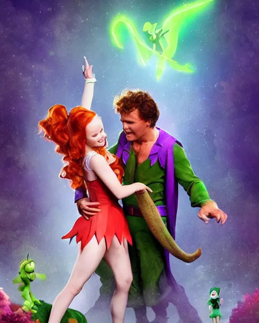 Image similar to Madelaine Petsch as Peter Pan and Will Ferrel dressed as Tinkerbell, cinematic, Trending on Artstation, in the style of Ridley Scott, Neverland, Magical, Ethereal