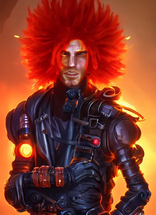 Prompt: cyberpunk portrait of a curly orange hair man as a champion from league of legends, au naturel, hyper detailed, digital art, trending in artstation, cinematic lighting, studio quality, smooth render, unreal engine 5 rendered, octane rendered, art style by pixar dreamworks warner bros disney riot games and arcane.