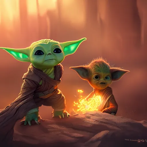 Prompt: babyyoda ( 2 0 2 1 ) and babygroot ( 2 0 1 7 ) are friends. photorealistic, digital art, epic fantasy, dramatic lighting, cinematic, extremely high detail, cinematic lighting, trending, artstation, cgsociety, 3 d ue 5, 4 k, hq