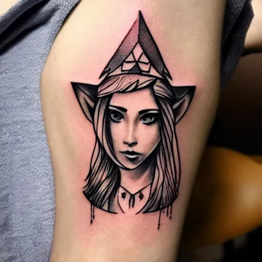 Image similar to tattoo design, stencil, portrait of princess zelda in a bikini by artgerm, symmetrical face, beautiful, triforce