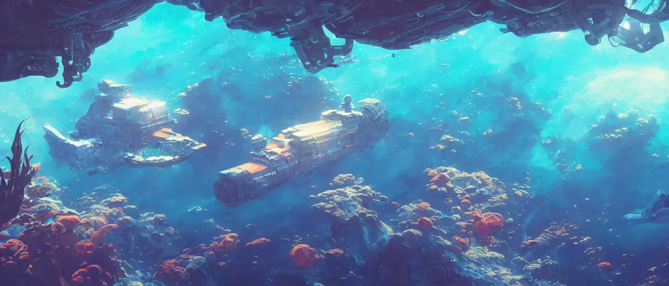 Image similar to underwater space station on a colorful ocean, unreal engine, fantasy art by greg, loish, rhads, ferdinand knab, makoto shinkai, lois van baarle, ilya kuvshinov, rossdraws, tom bagshaw, global illumination, radiant light, highly detailed intricate environment, isometric, onstudio ghibli, octane render, 8 k