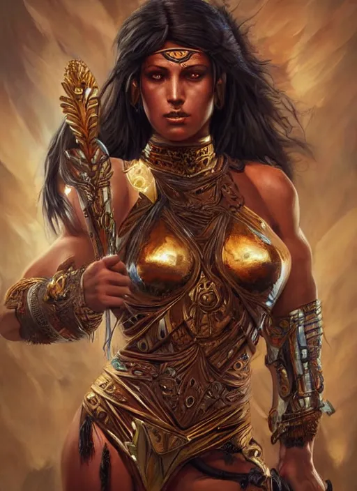 Image similar to a highly detailed symmetrical painting of a female amazon warrior with piercing beautiful eyes in dark tomb setting, dynamic lighting, ambient lighting, trending on artstation, art by artgerm and karol bak and mark brooks