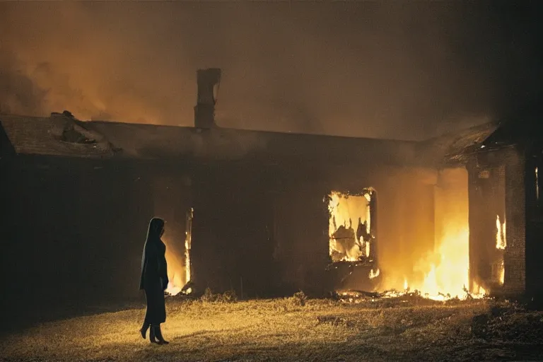 Image similar to Gregory Crewdson full color Photography, A woman walks calmly while her house is on fire, atmospheric lighting , at night