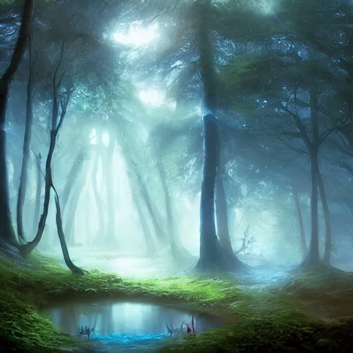 Prompt: a beutiful magical forest with a blue power source with runes on the side and a magical river by the side foggy realistic atmosferic casper david friedrich raphael lacoste vladimir kush leis royo volumetric light effect broad light oil painting painting fantasy art style sci - fi art style realism artwork unreal engine