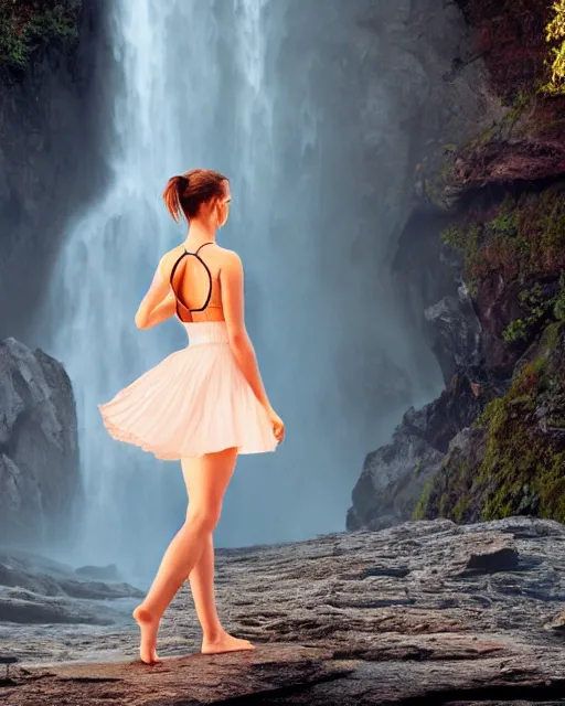 Image similar to a sharp photo of emma watson standing in a yoga pose wearing short translucent skirt standing underneath a waterfall :: trending on artstation, morning, photoreal, ue5