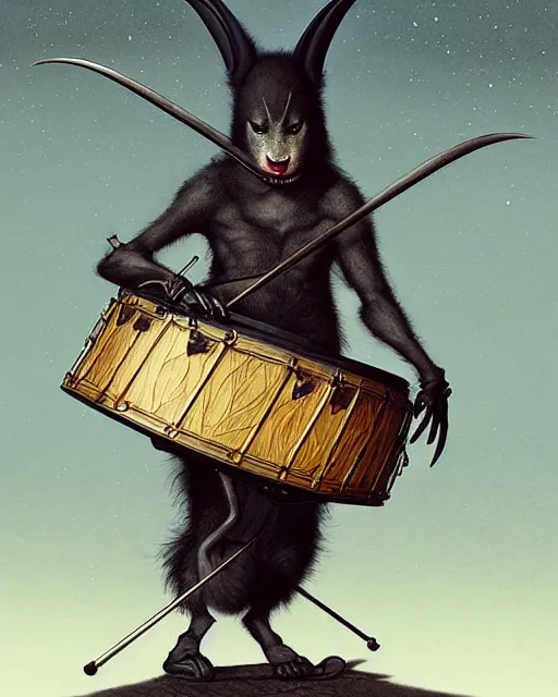 Image similar to anthropomorphic art of a bat playing the drum set, medieval clothing by artgerm, victo ngai, ryohei hase, artstation, highly detailed digital painting, smooth, global illumination, fantasy art by greg rutkowsky, karl spitzweg