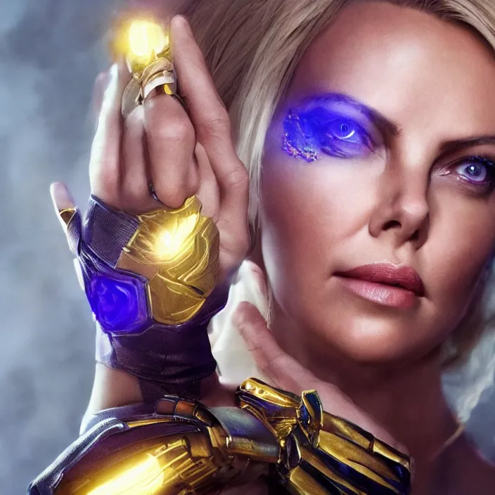 Image similar to portrait of (Charlize Theron), wearing The Infinity Gauntlet!! intricate artwork. octane render, trending on artstation, very coherent symmetrical artwork. thanos. cinematic, hyper realism, high detail, octane render, 8k, iridescent accents